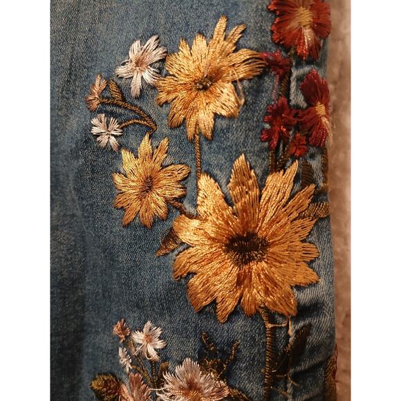 Vntg Embroidered Flare Jeans Sz 9 Blue Sunflower Daisy Acid Boho Festival Gypsy - Picture 2 of 16